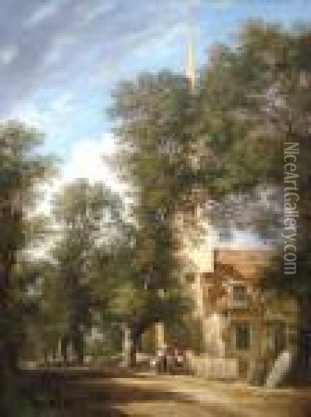 Figures By A Church With Woodland Oil Painting - Samuel David Colkett