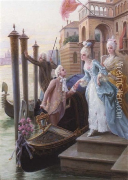 A Venetian Scene With Elegant Figures Boarding A Gondola Oil Painting - Carlo Ferranti