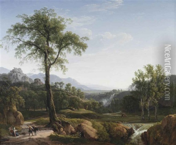 An Italianate Landscape With Travellers Resting In The Shade Of A Tree, A View Of Tivoli In The Background Oil Painting - Hendrik Voogd