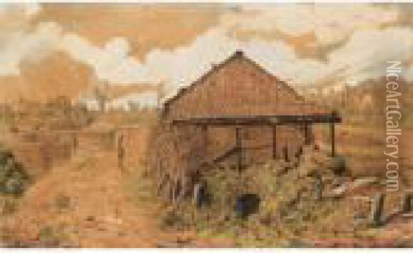 A Norfolk Timber Yard Oil Painting - John Joseph Cotman