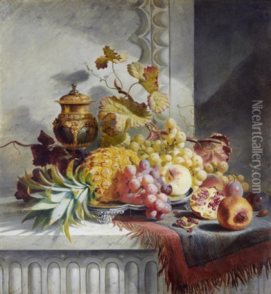 Still Life With Fruit And An Urn On A Marble Ledge Oil Painting - Edward Ladell
