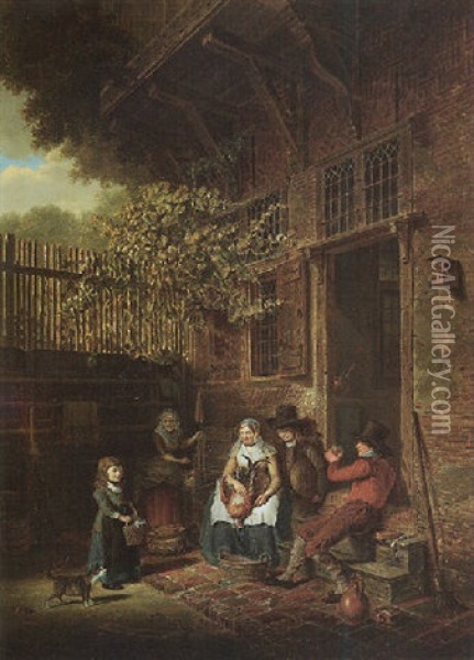 Figures In A Courtyard Oil Painting - Johannes Petrus van Horstok