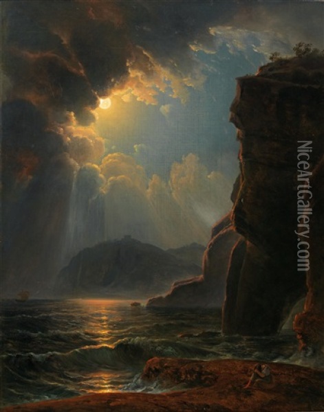 Rocky Coast In The Moonlight Oil Painting - Johann Nepomuk Schoedlberger