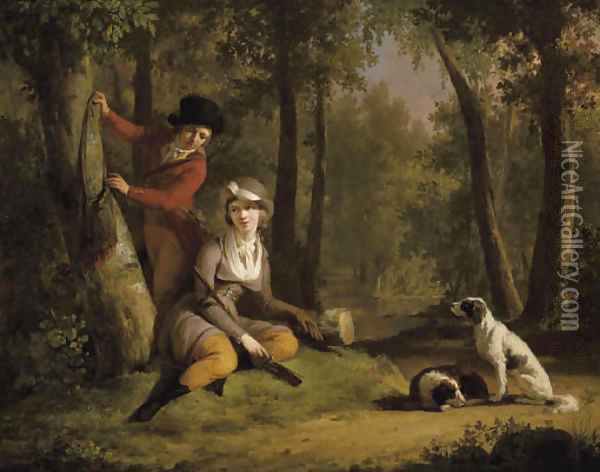 An elegant couple out hunting with their dogs Oil Painting - Mathieu Ignace van Bree