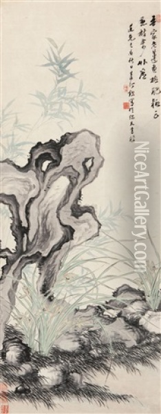Bamboo And Rock Oil Painting -  Chen Xian