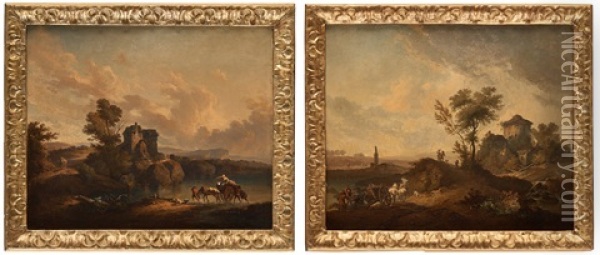 River Landscapes With Figures And Horses (pair) Oil Painting - Jean Baptiste Pillement