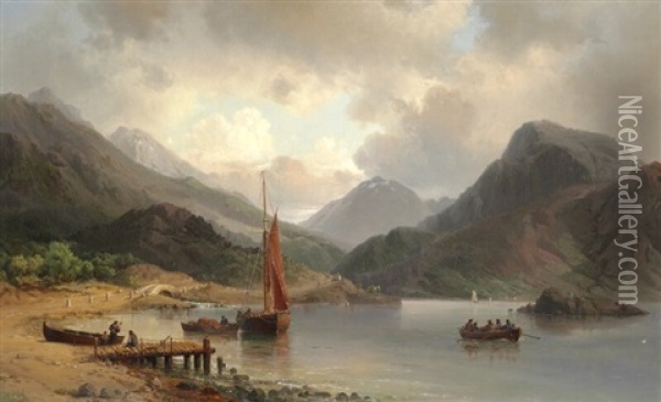 From The Scottish Highlands With Boats On The Lake Oil Painting - Vilhelm Melbye