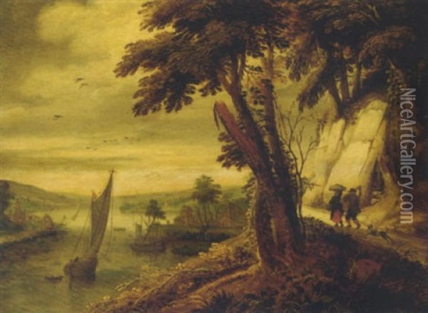 An Extensive River Landscape With Two Peasants On A Path Oil Painting - Joos de Momper the Younger