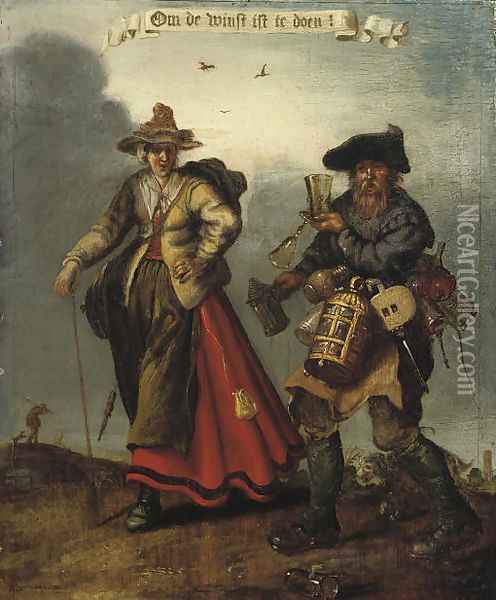 A male and female pedlar on a track an Allegory of Greed Oil Painting - Adriaen Pietersz. Van De Venne