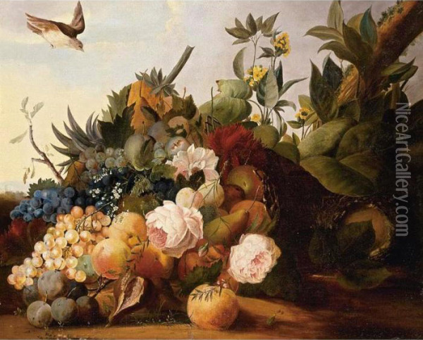 Still Life Of Fruit And Flowers In A Landscape Oil Painting - Louis Vidal