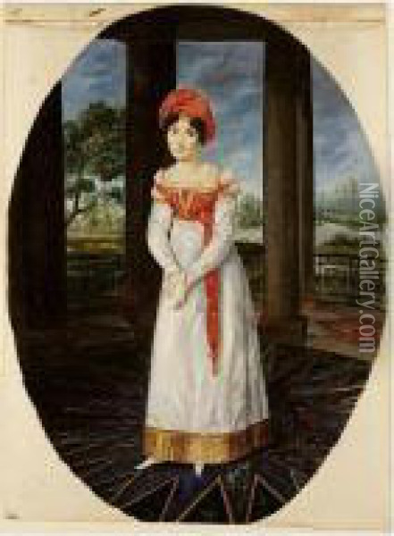 Portrait Of A Lady In A Loggia, A Park In The Background Oil Painting - Jacques Francois Momal