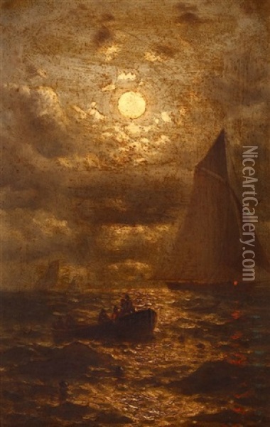 Boats In A Moonlit Sea Oil Painting - Ralph Albert Blakelock