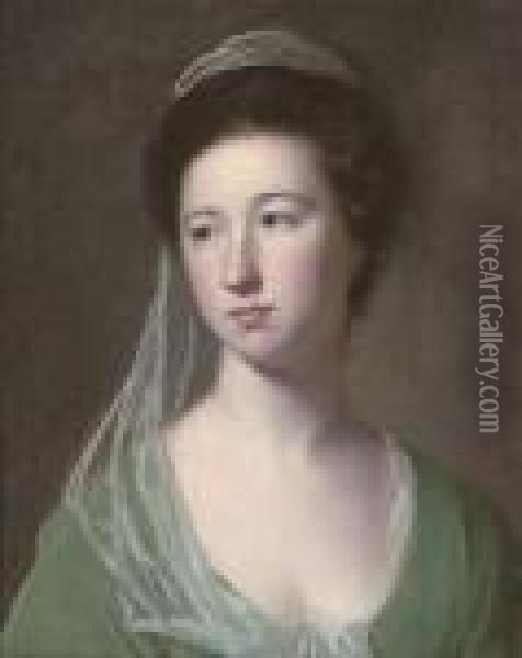 Portrait Of A Lady Traditionally
 Identified As Lady Cicilia Halliwell, Bust-length, In A Green Dress And
 Pale Green Veil Oil Painting - George Romney