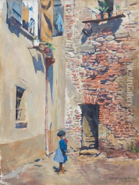 A Girl In A Courtyard, Cahors Oil Painting - Stanhope Forbes
