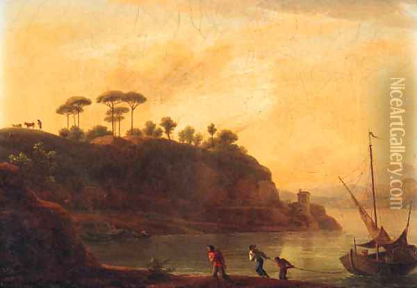 Fishermen towing a boat on the river Tiber at sunset Oil Painting - Jean-Joseph-Xavier Bidauld