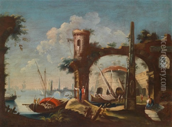Sudliche Hafenszene Mit Ruinosem Gemauer Oil Painting - Antonio Stom