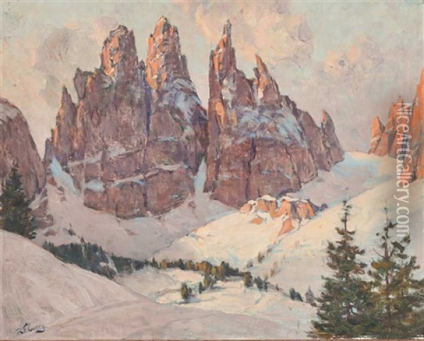 Blick Auf Die Drei Zinnen In Den Winterlichen Dolomiten Oil Painting - Robert Franz Curry