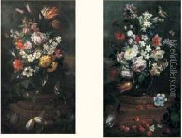 Nature Morte Aux Bouquet De Fleurs, Cerises Et Oiseau Oil Painting - Bartolommeo Bimbi