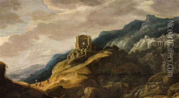 Panoramic Landscape With Ruins Oil Painting - Jan Tilens