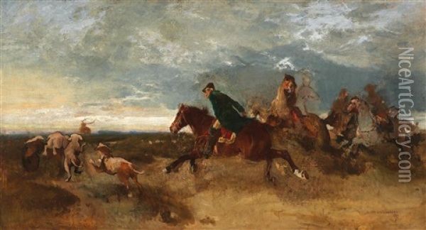 On A Hunt Oil Painting - Josef Chelmonski