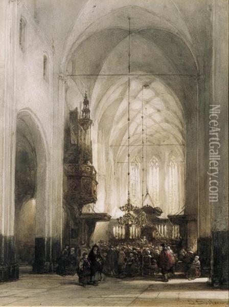 A Service In The Church Of Hattem Oil Painting - Johannes Bosboom