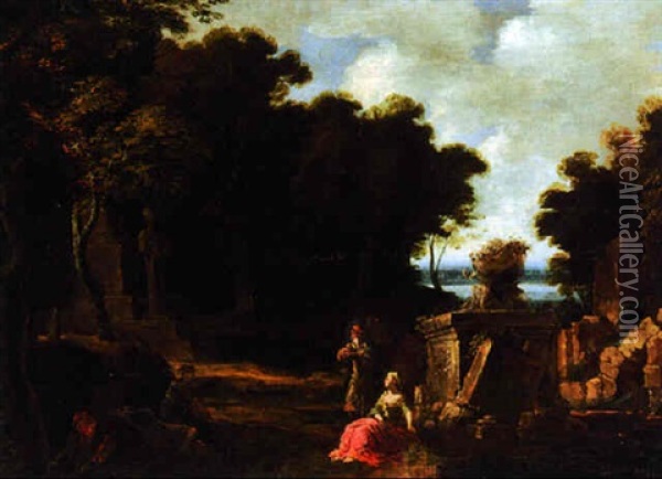 A Wooded River Landscape With Peasants Amongst Classical Ruins Oil Painting - Marco Ricci