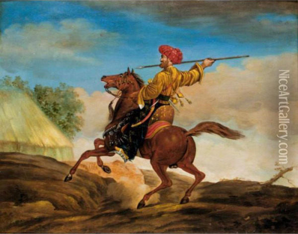 A Mounted Cavalier Brandishing A Spear Oil Painting - Theodore Gericault
