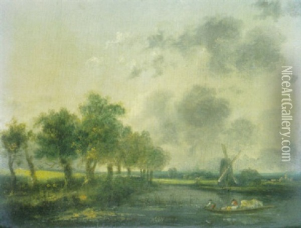Paysage Fluvial Avec Berger Et Troupeau Sur Un Bac Oil Painting - Louis Gabriel Moreau the Elder