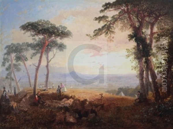 Extensive Landscape With Figures Beneath Pine Trees In The Foreground Oil Painting - James Baker Pyne