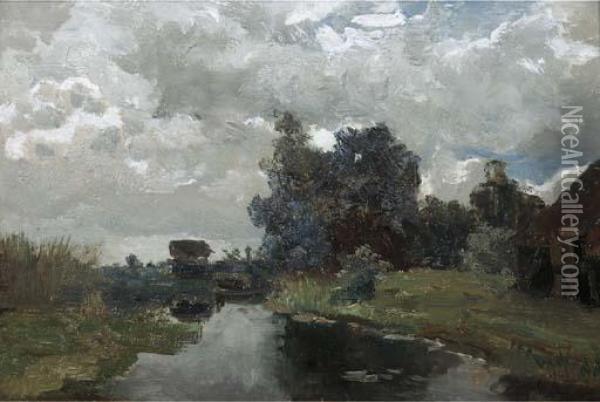 A Polder Landscape - A Study Oil Painting - Paul Joseph Constantine Gabriel