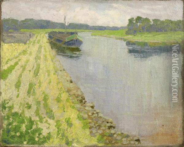 Barge At The Riverbank Oil Painting - Arthur Langhammer