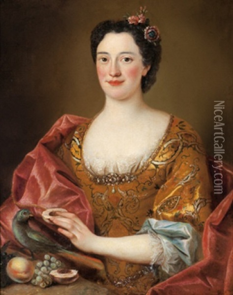 Bildnis Einer Dame, Die Ihren Papagei Mit Einem Pfirsich Futtert Oil Painting - George de Marees