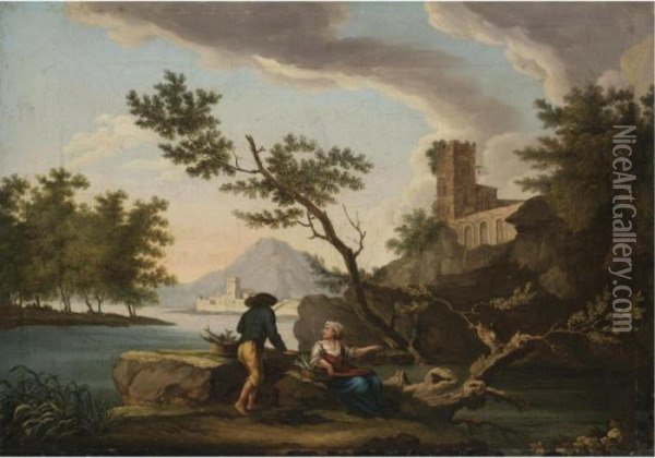 A Mediterranean Coastal Scene With A Fisherman Oil Painting - Claude-joseph Vernet