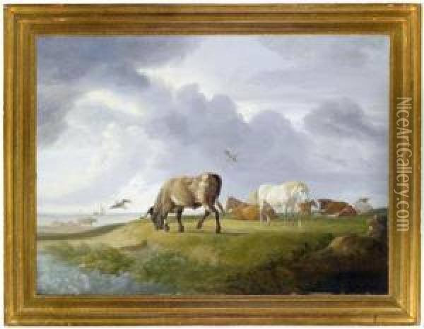 Mucche E Cavalli Al Pascolo Lungo La Costa Oil Painting - Johann Heinrich Menken