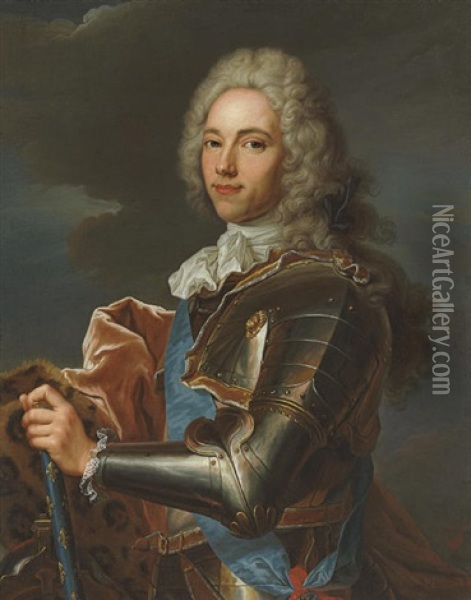 Portrait Of The Duc De Broglie In Armor With A Leopard Skin Mantle And The Sash Of The Order Of Saint Esprit Oil Painting - Hyacinthe Rigaud