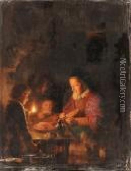 Dou, G.
A Family Preparing A Meal In A Kitchen Oil Painting - Gerrit Dou
