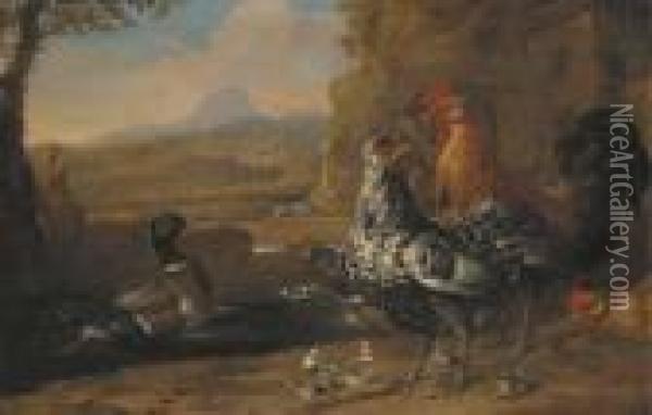 A Turkey, Roosters, Ducks And 
Goslings In A Farmyard, A Greyhoundand An Extensive Mountain Landscape 
Beyond Oil Painting - Melchior de Hondecoeter