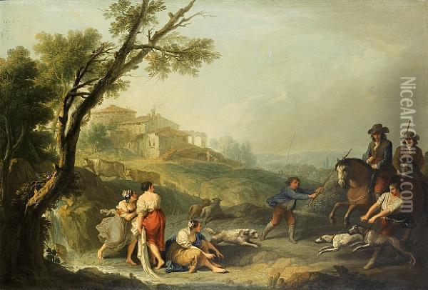 An Italianate Landscape With 
Washerwomen Beside A Waterfall And Horsemen And Their Dogs Approaching Oil Painting - Francesco Zuccarelli