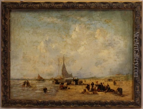 Painting Of Figures On A Beach With A Sailing Vessel Oil Painting - Jacob Henricus Maris