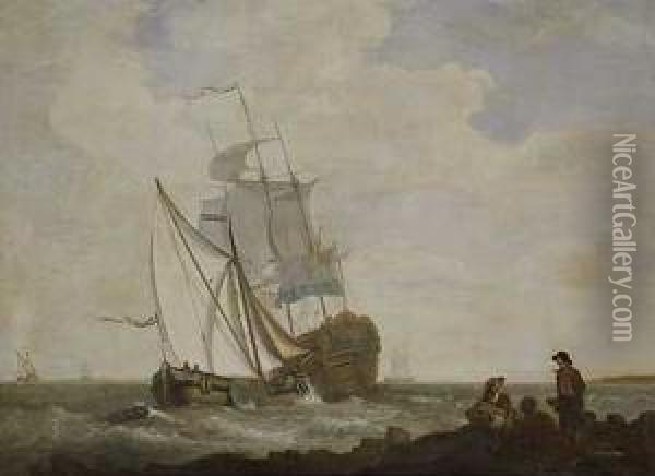 Vista De Una Costa Marina Con Barcos Y Pescadores Oil Painting - Wijbrand Schaap