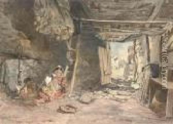 Interior Of A Fisherman's Cabin, Galway Oil Painting - Alfred Downing Fripp