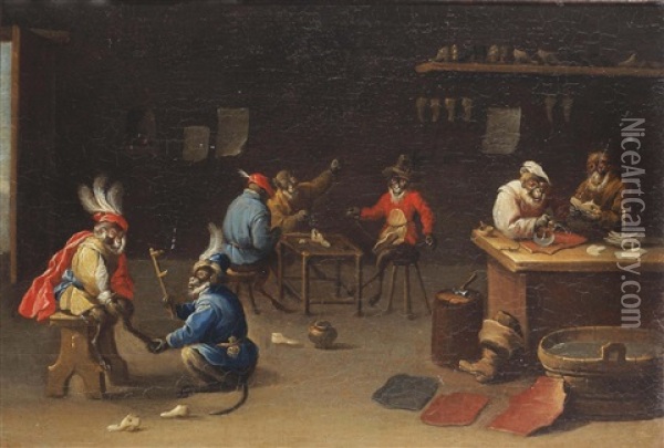 Monkeys In A Cobbler And A Shoe Shop Oil Painting - Ferdinand van Kessel