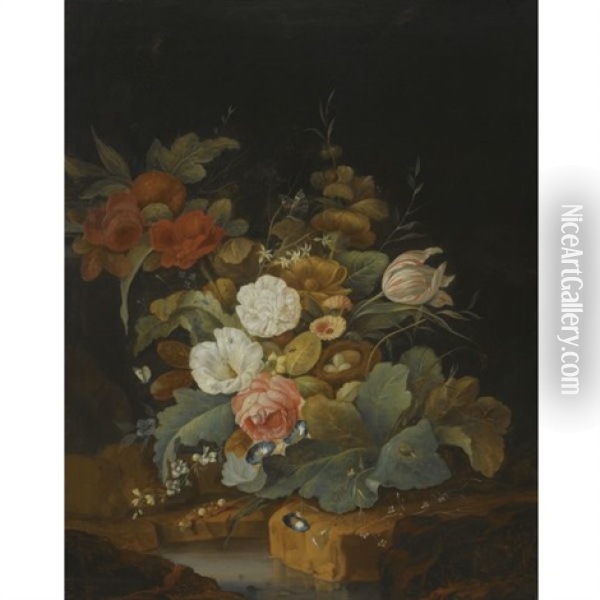 A Still Life With A Bird's Nest, Roses, Morning Glory, A Tulip And Other Flowers In A Forest Setting Oil Painting - Elias van den Broeck