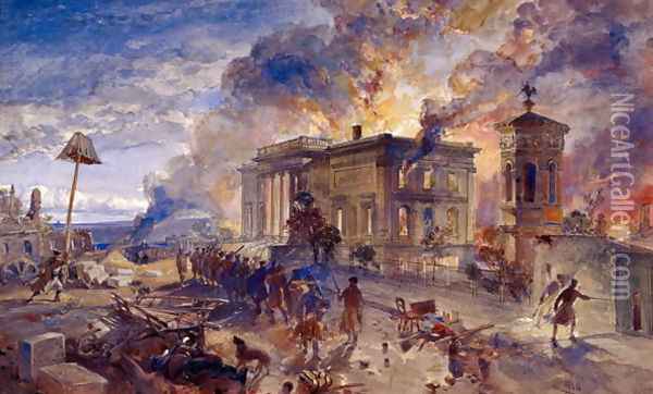 Burning Temple of the Winds, 1856 Oil Painting - William Simpson