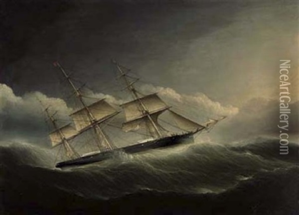 An American Clipper Ship Battling Through A Hurricane Under Reduced Sail Oil Painting - James Edward Buttersworth