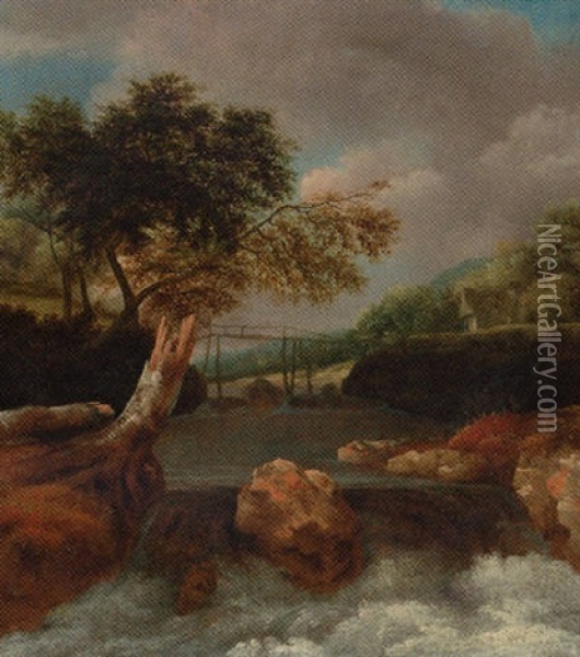 A Waterfall In A Wooded Landscape, A Bridge Beyond Oil Painting - Jan van Kessel the Elder