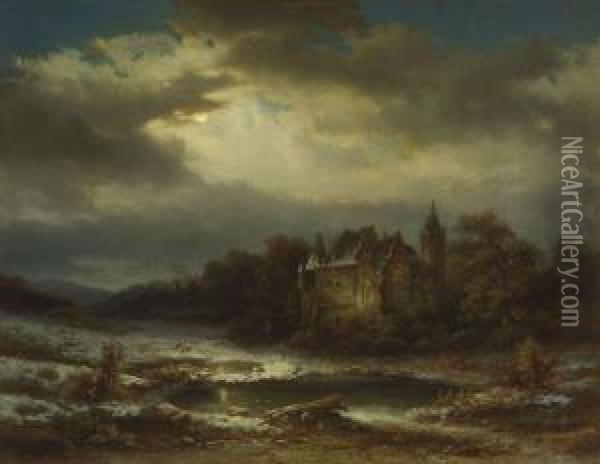 Schloss In Nachtlicher Winterlandschaft Oil Painting - Carl Wulfing