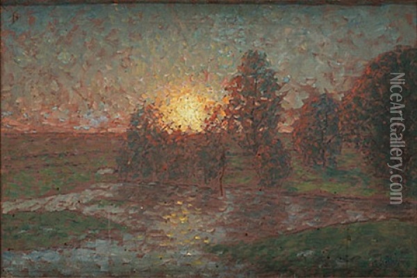 Solnedgang Over Tviberga Trask Oil Painting - Per Ekstroem