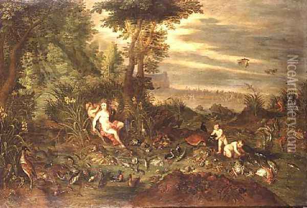 An Allegory of water a sea nymph by a reedy shore with Fish Shells and Birds nearby the Triumph of Amphitrite beyond Oil Painting - Jan van Kessel