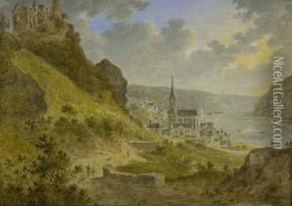 Blick Auf Oberwesel Und Die Schonburg Oil Painting - Friedrich Chr. Reinermann